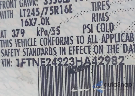 2003 Ford E-250 Commercial from USA, damaged, VIN 1FTNE24223HA42982